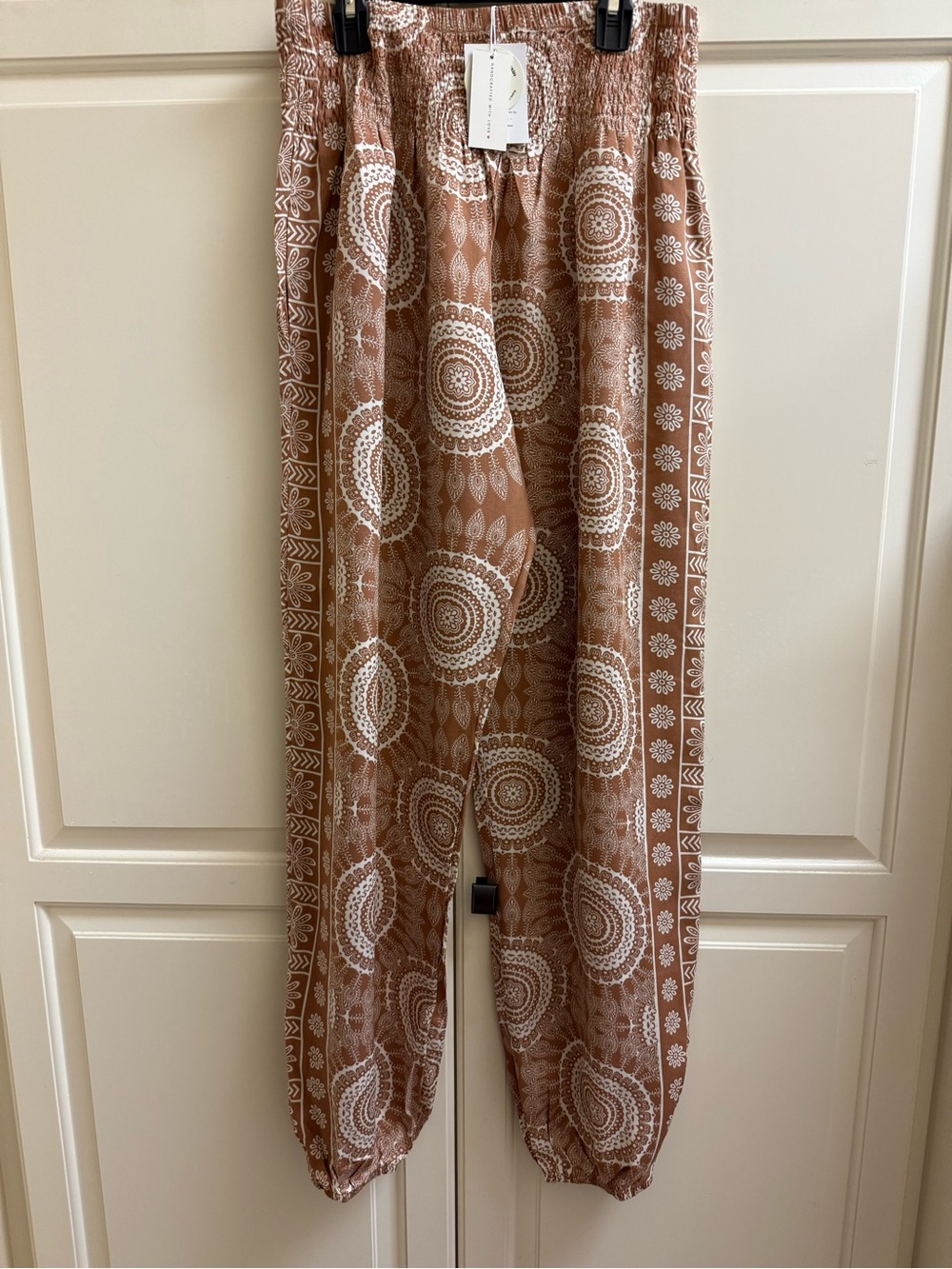 Lotus and Luna RetiredBoho Print Elastic Waist Harem Pants - Light Brown & White
